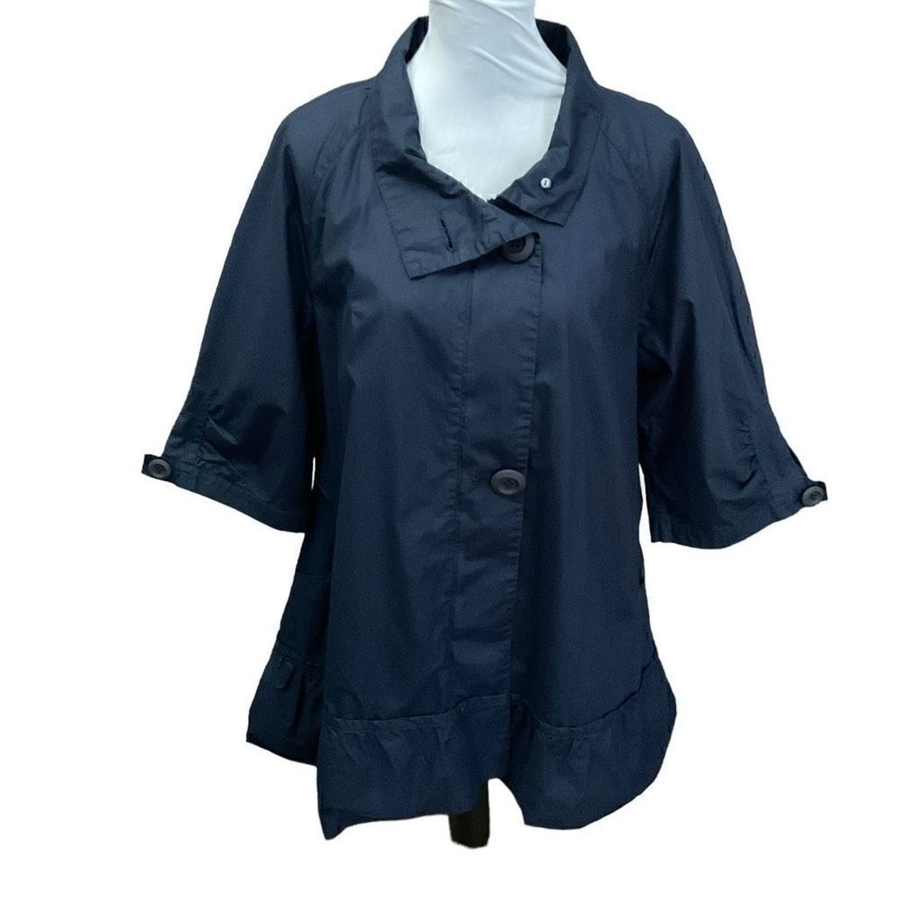 Luii Jacket Short Sleeve Zip Button Front Collar Blue Ruffled Hem Women Large